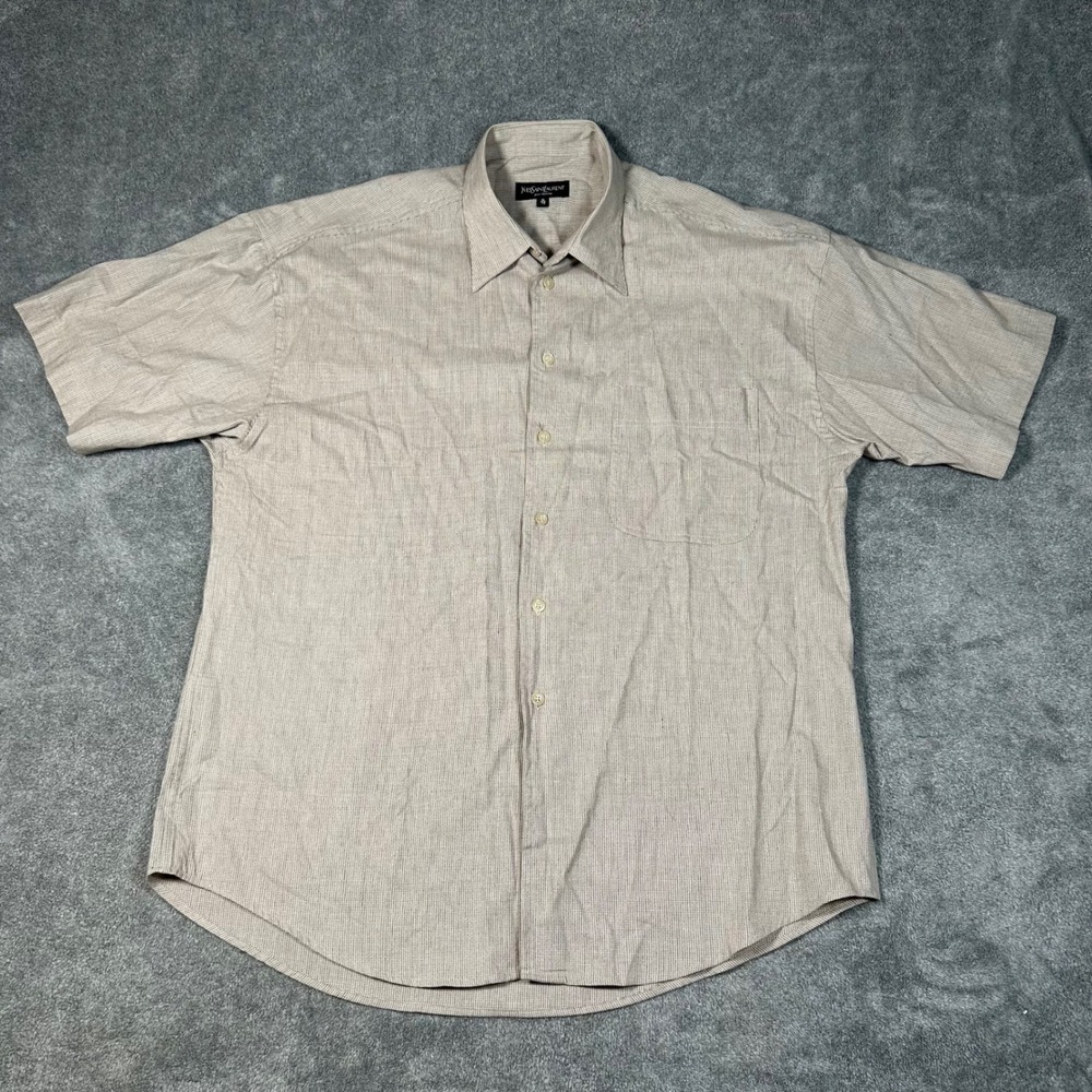 Yves Saint Laurent Pour Homme Tan Micro Check Short Sleeve Button Down Shirt XL